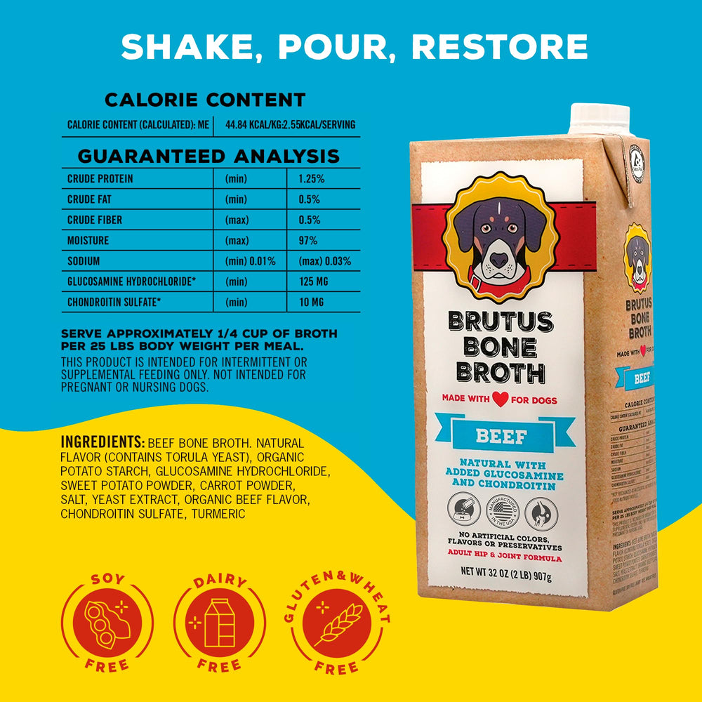 Brutus Bone Broth pour chien, versement facile sur croquettes pour hydrater.