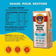 Brutus Bone Broth pour chien, versement facile sur croquettes pour hydrater.