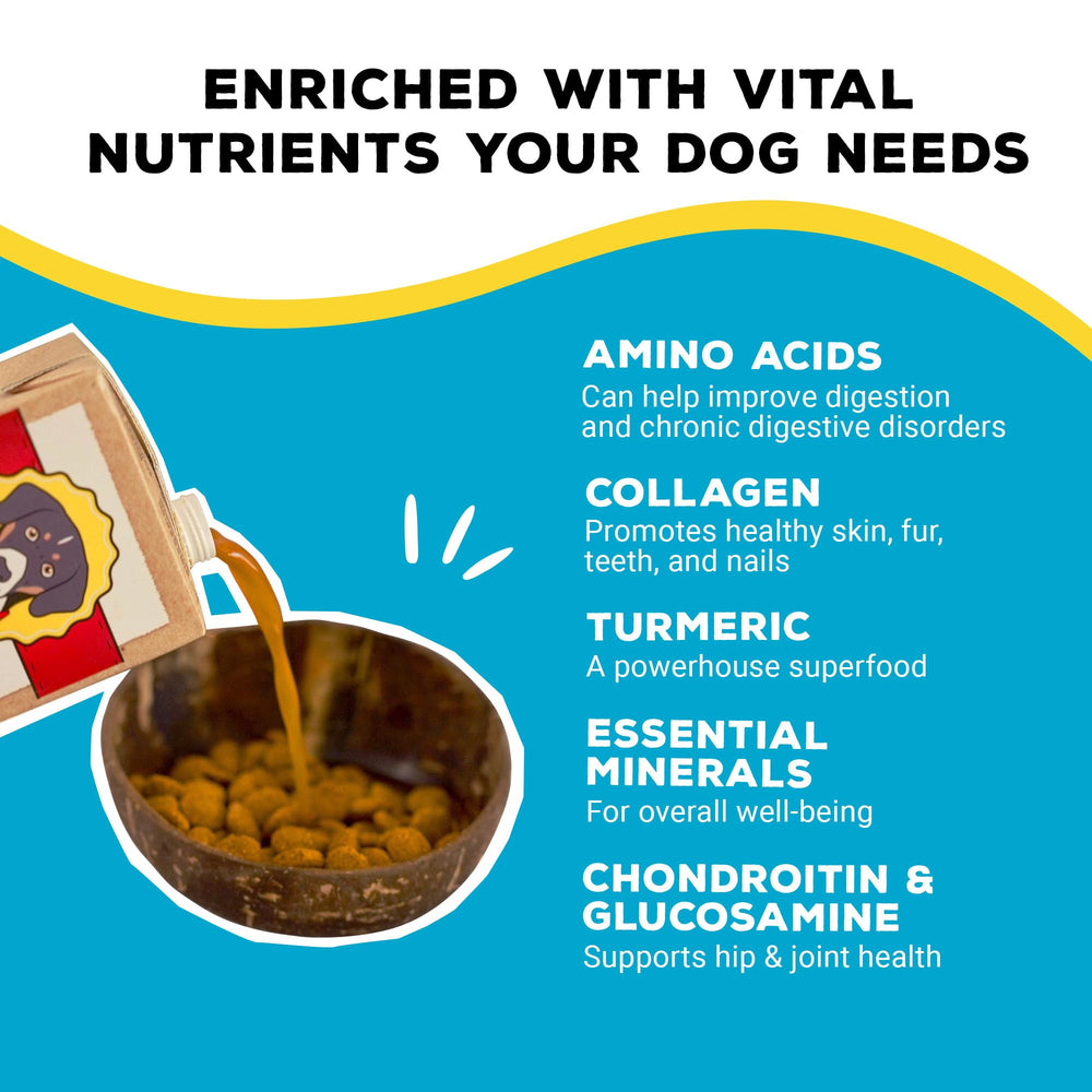 Brutus Bone Broth pour chien, saveur riche et faible sodium pour repas quotidiens.