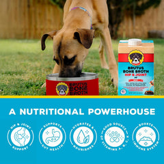 Brutus Bouillon Os de Boeuf pour Chiens — versement simplifié sur croquettes, pratique pour les repas.