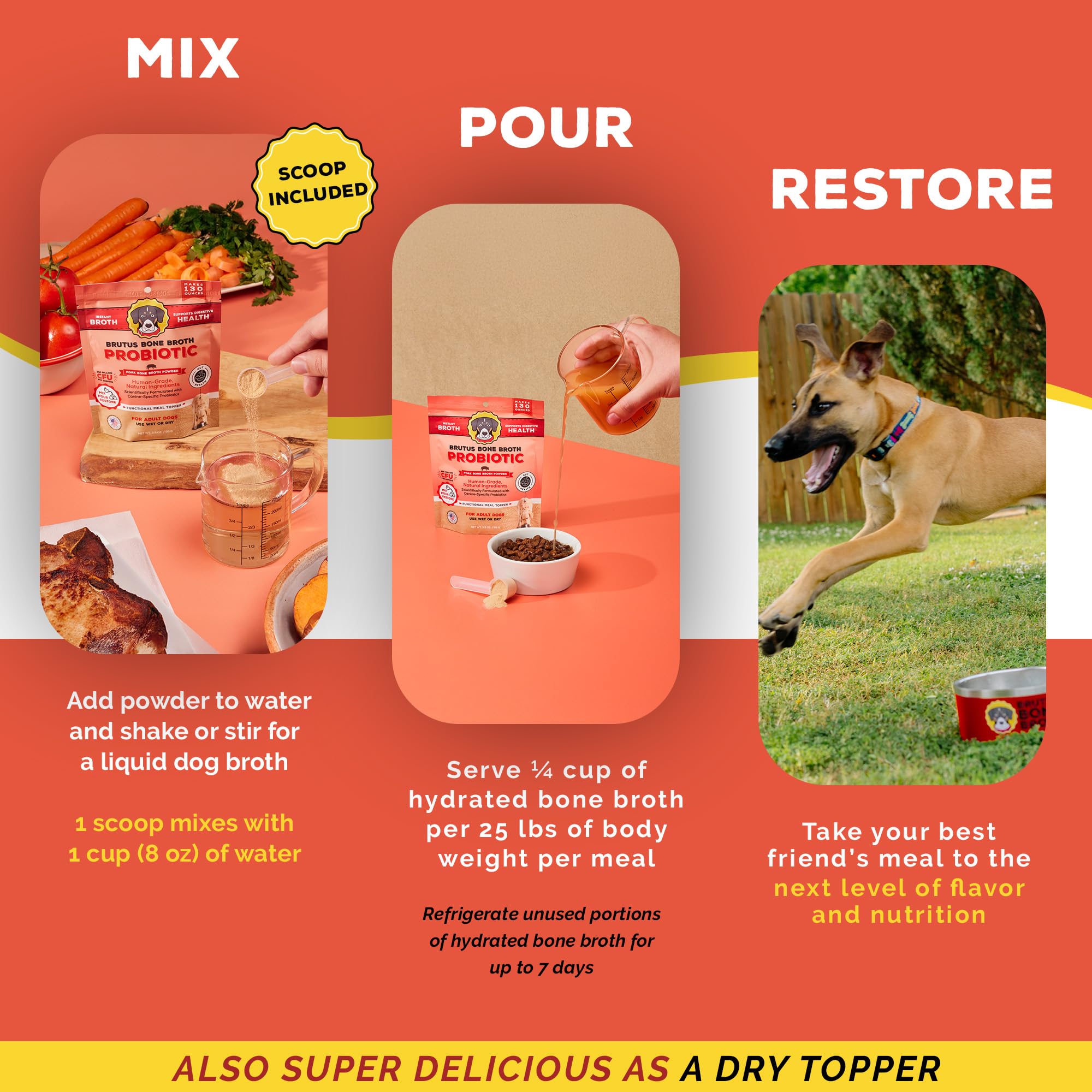 Brutus Broth bol eau : humidifie les repas et favorise hydratation.