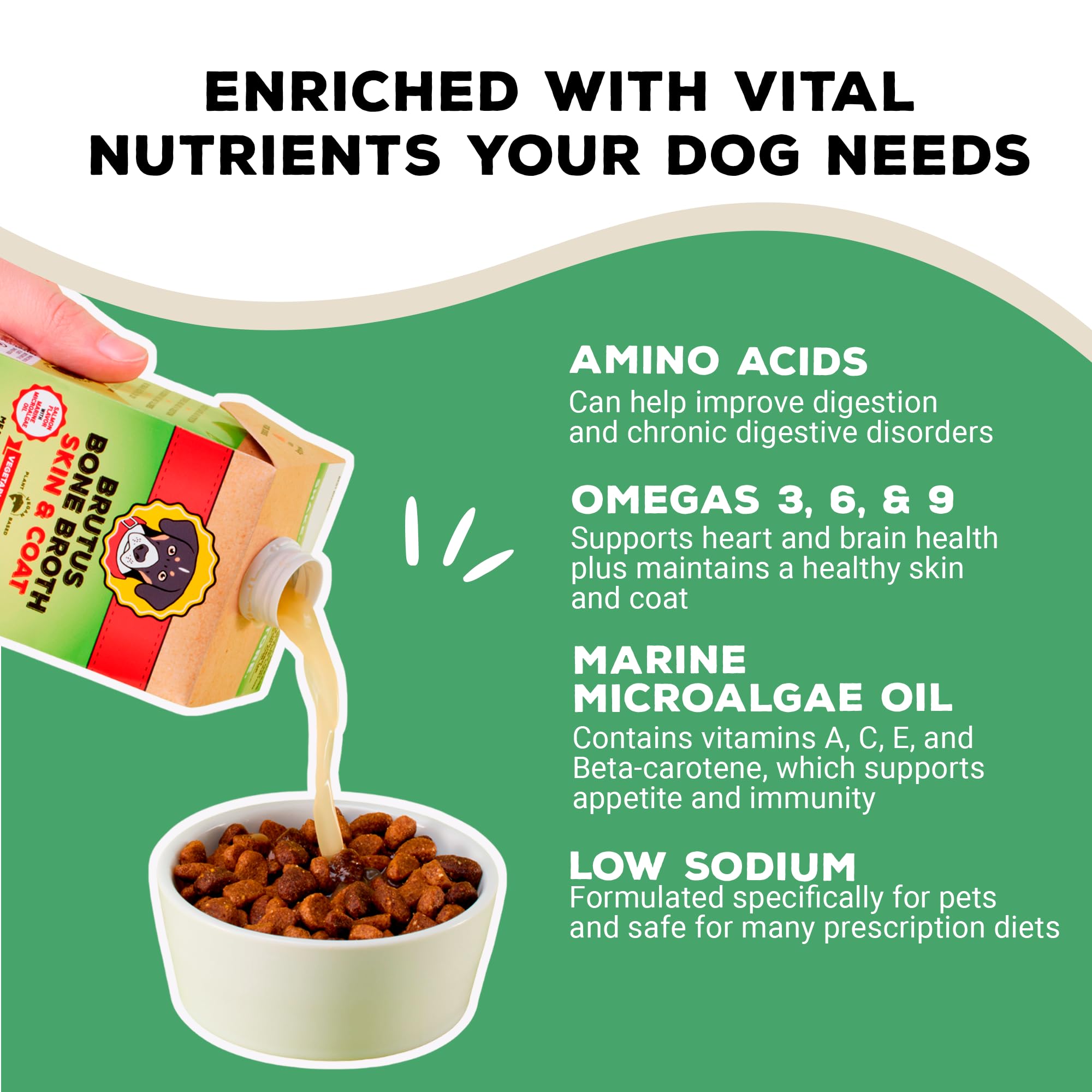 Brutus Broth omega-3-6-9: fournit des acides gras bénéfiques pour la peau et le pelage.