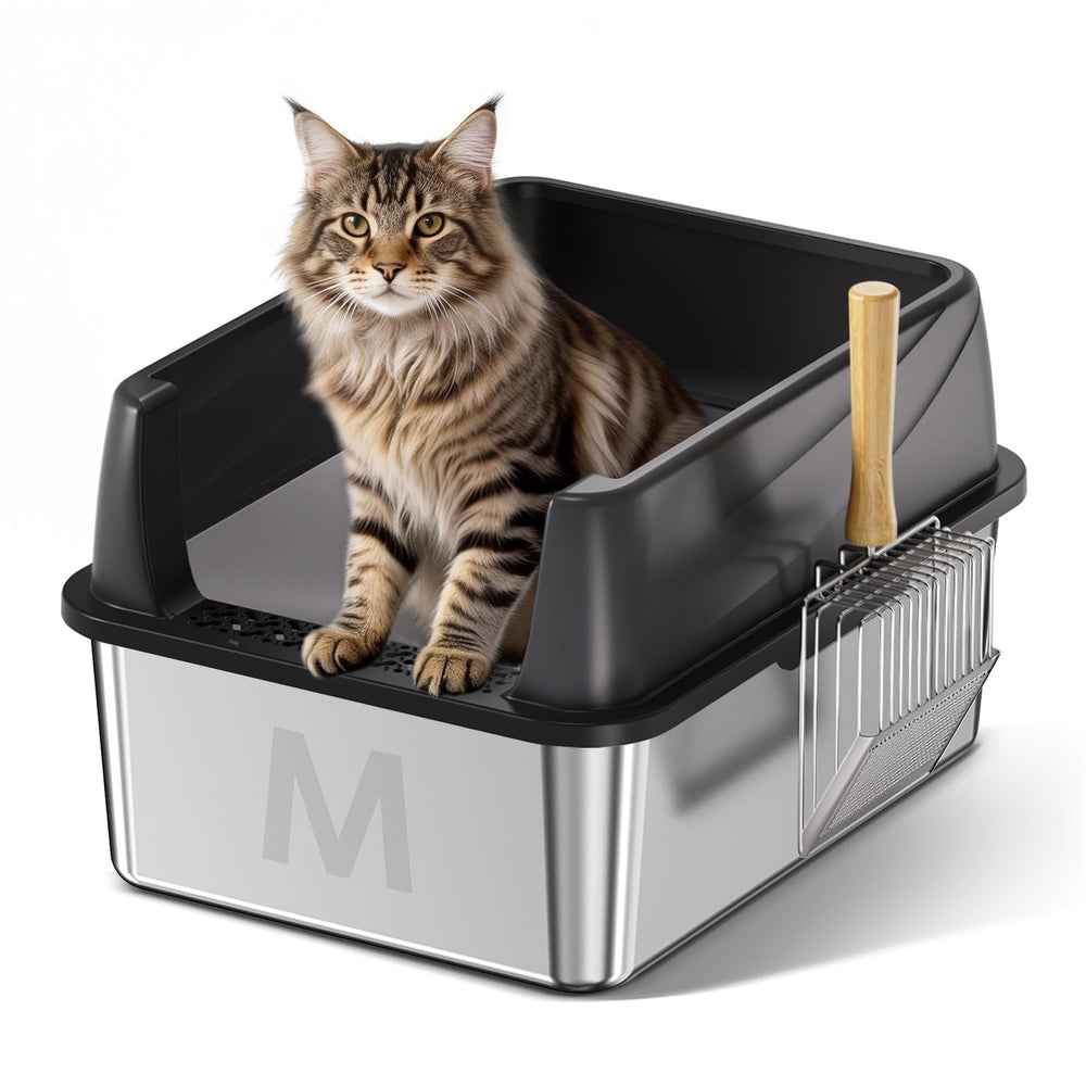 Bsemax litière en inox avec couvercle, durable et facile à nettoyer.