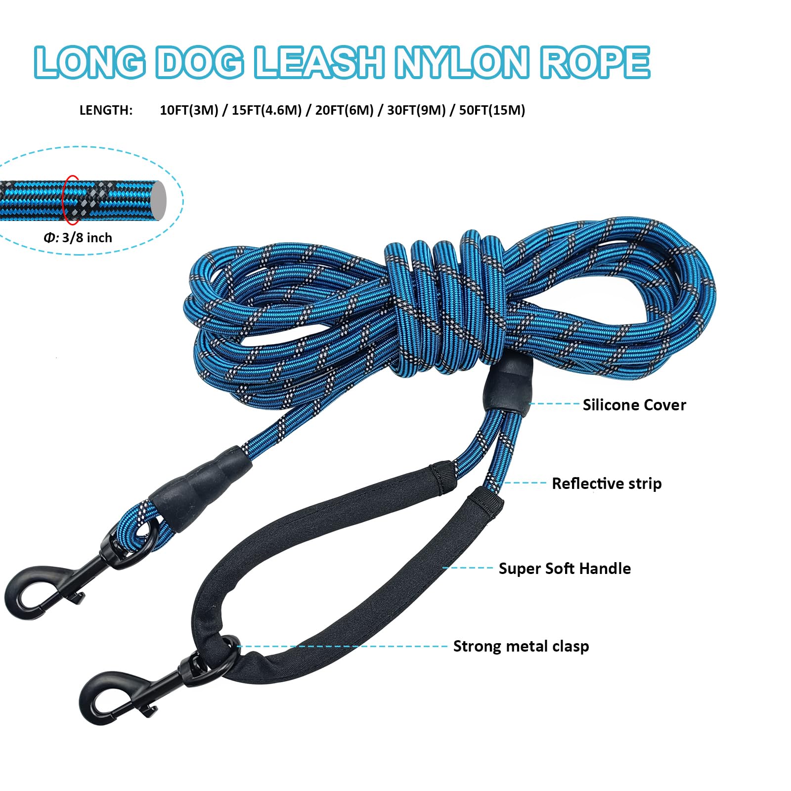 BTINESFUL longe chien 50 pieds idéale pour activités en plein air et rappel