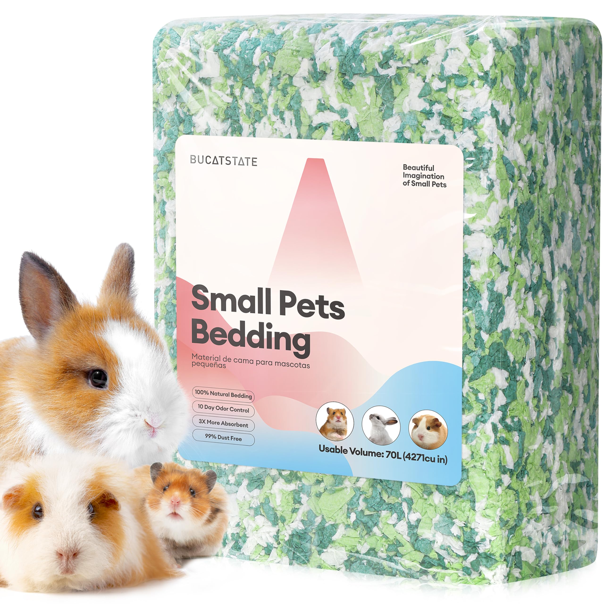 BUCATSTATE litière en papier menthe 70L, emballage compact pratique pour rangement.