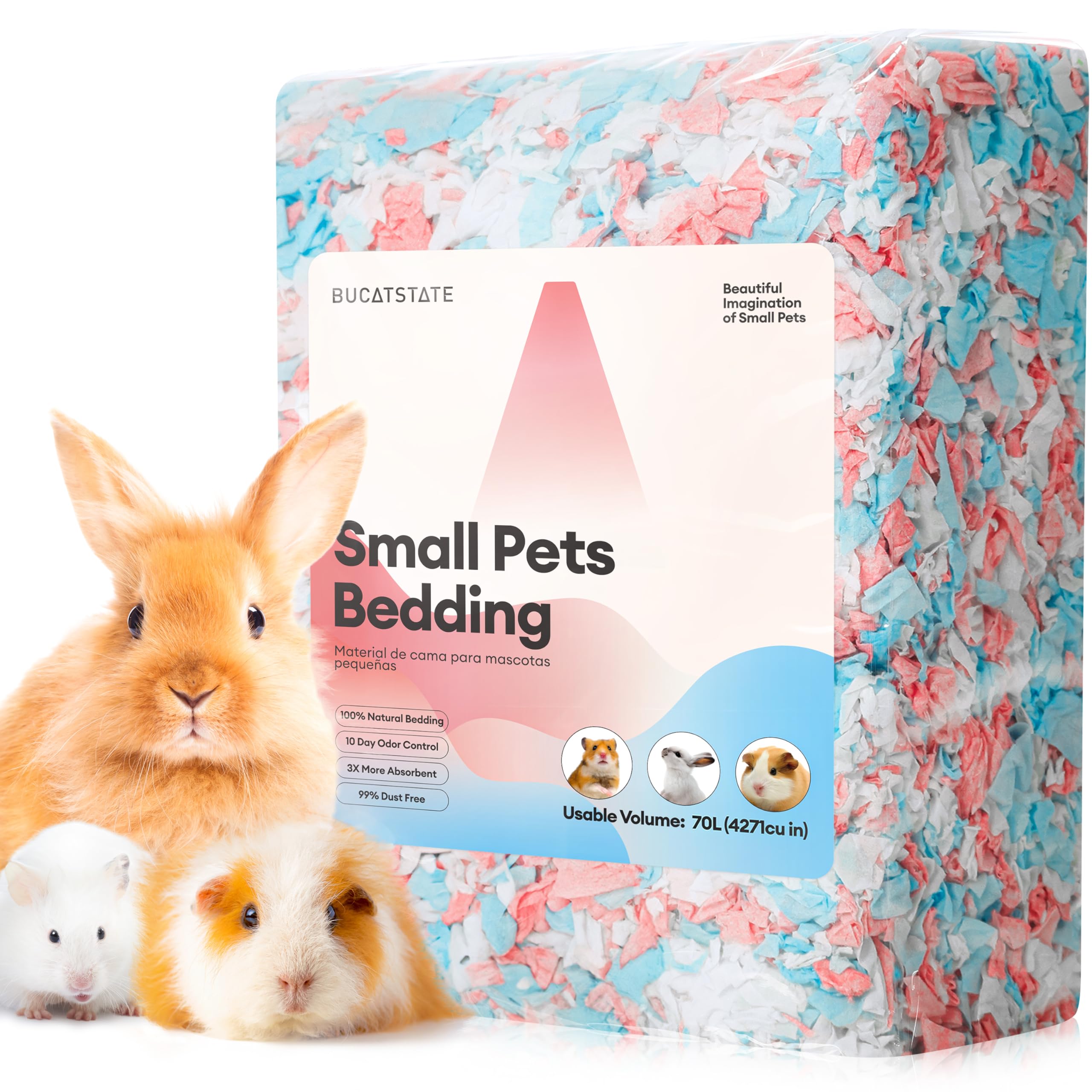Bucatstate litière papier Confetti 70L, douce et confortable pour petits animaux.