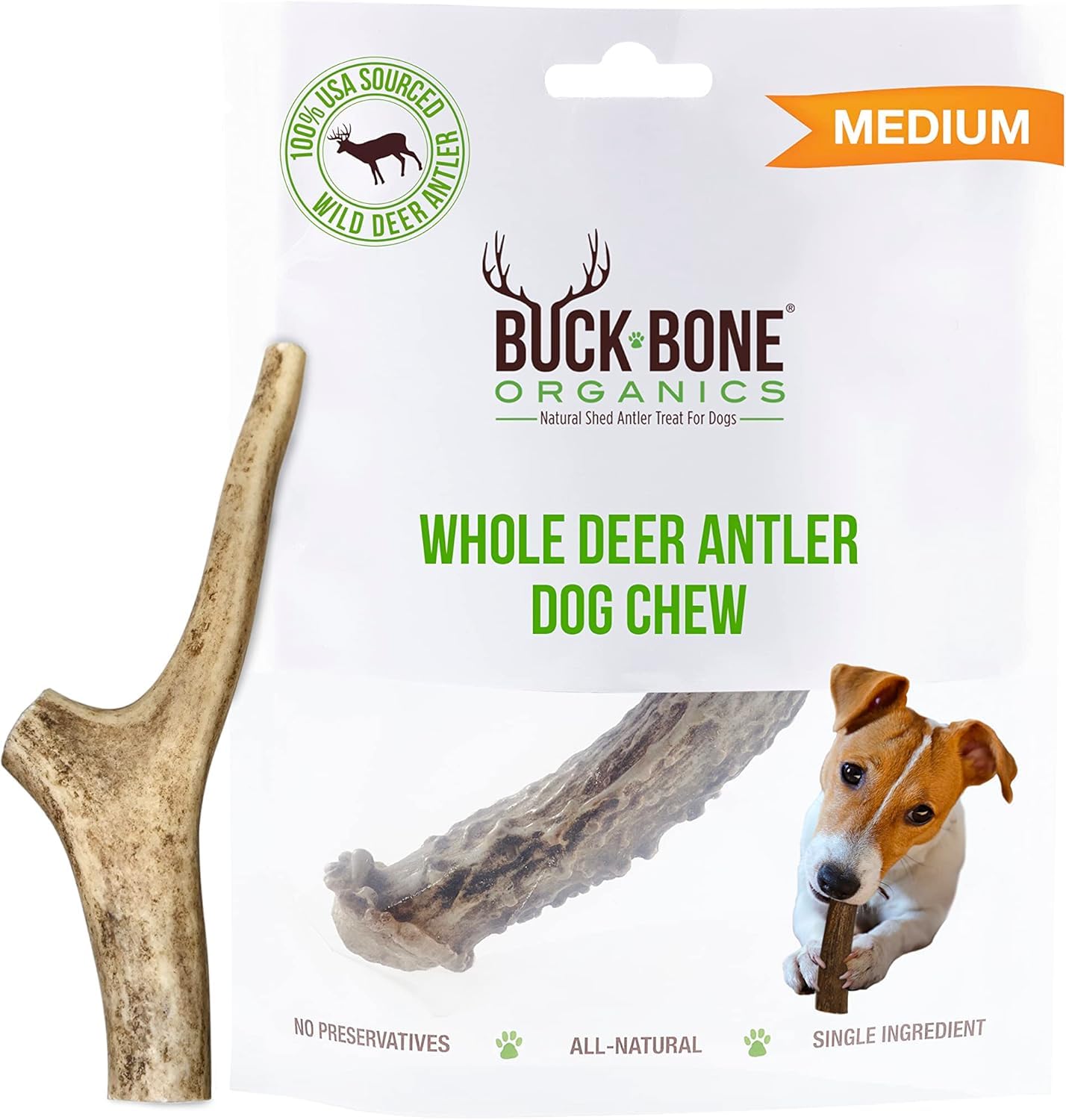 Buck Bone Organics — morceau de corne de cerf premium, grignotage durable pour chiens actifs.