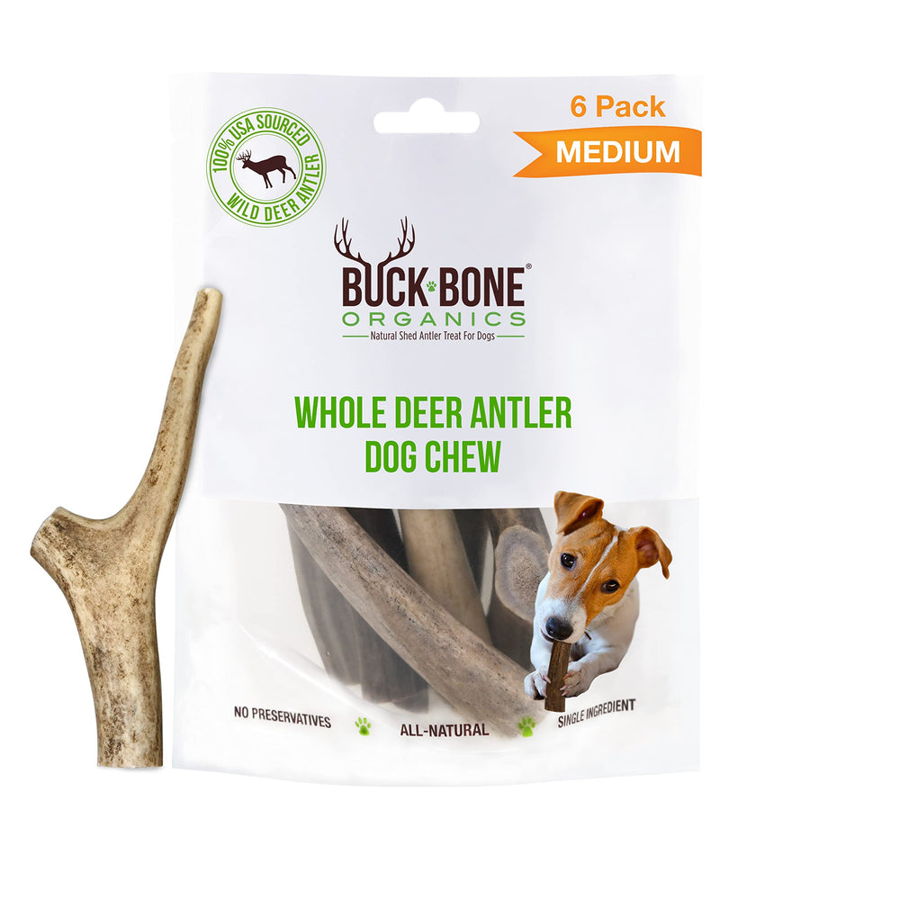Buck Bone Organics: emballage avec cornes de cerf, bouchée naturelle pour petits chiens.