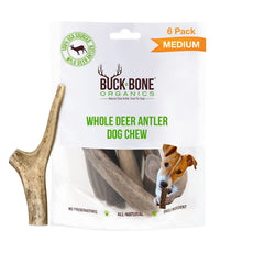 Buck Bone Organics: emballage avec cornes de cerf, bouchée naturelle pour petits chiens.