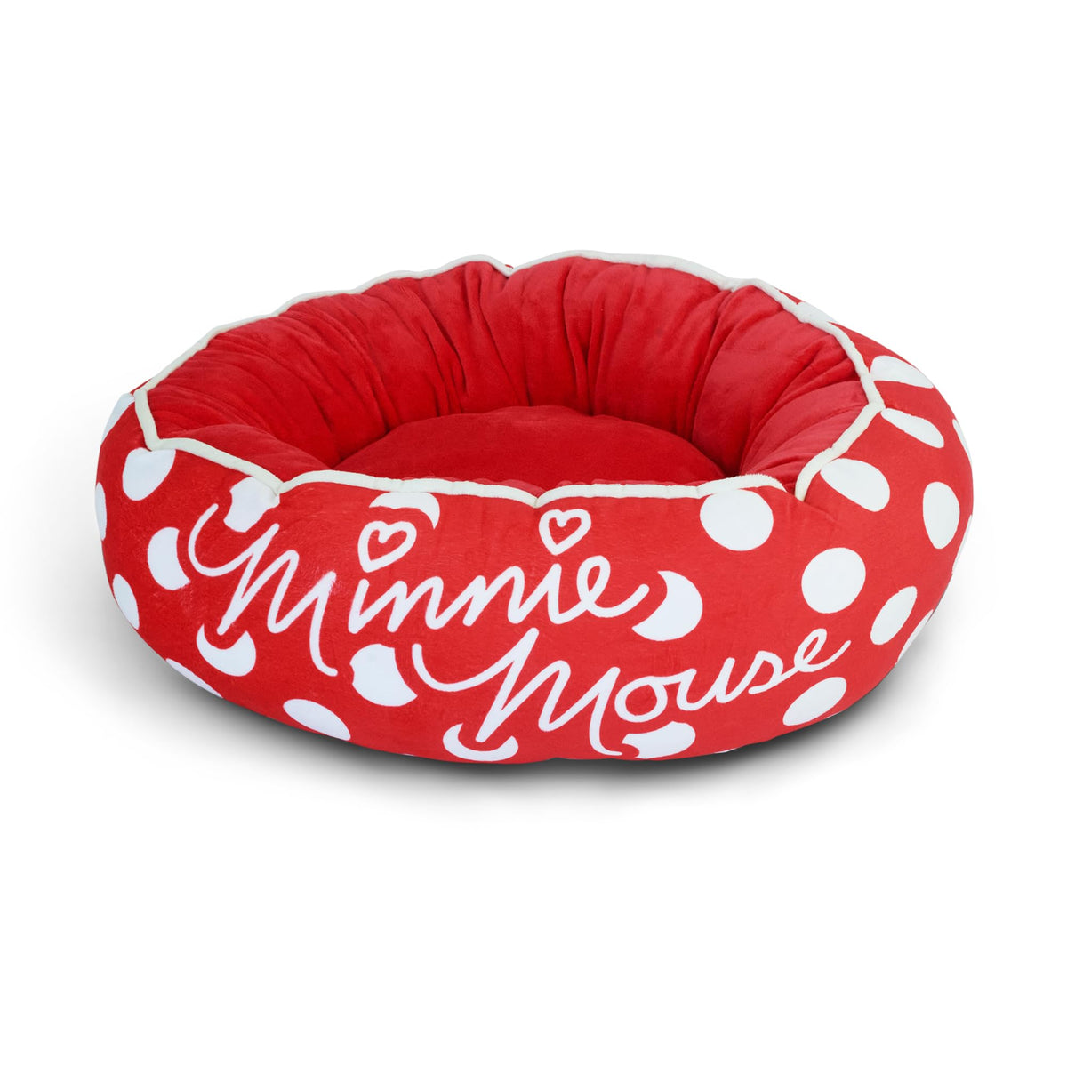 Lit donut Buckle-Down avec Minnie Script et pois rouges, douceur et soutien confortable.