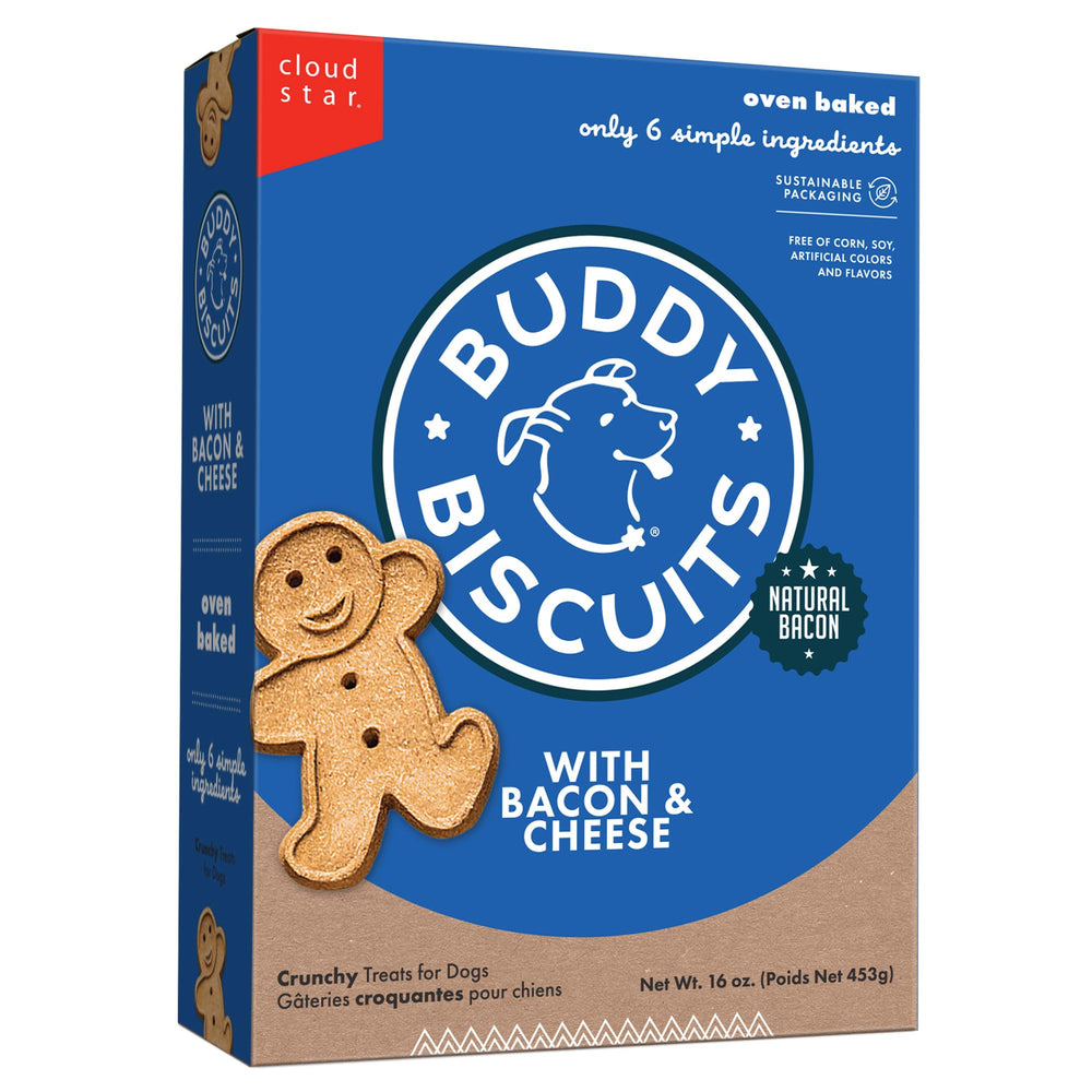 Friandises Buddy Biscuits: boîte 16 oz bacon et fromage, parfaites pour récompenser lors de l'entraînement