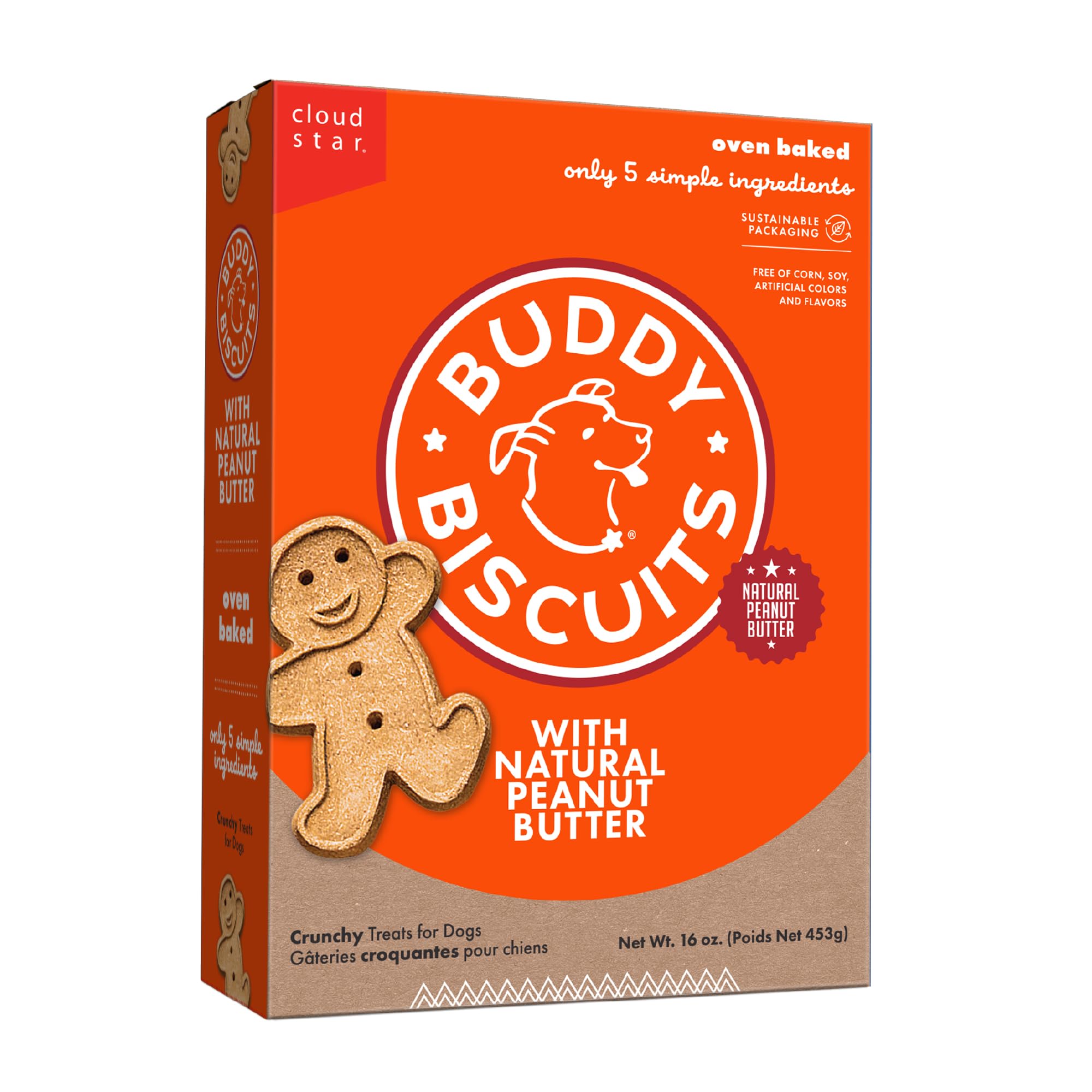 Buddy Biscuits : boîte 450 g au beurre de cacahuète, snack savoureux pour chiens.