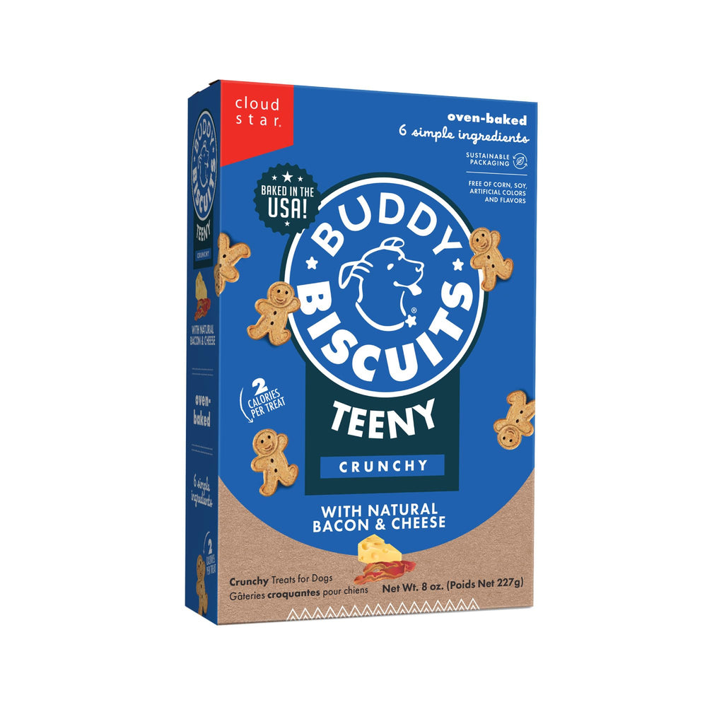 Buddy Biscuits montre la boîte 8 oz Teeny bacon fromage pour chiens.
