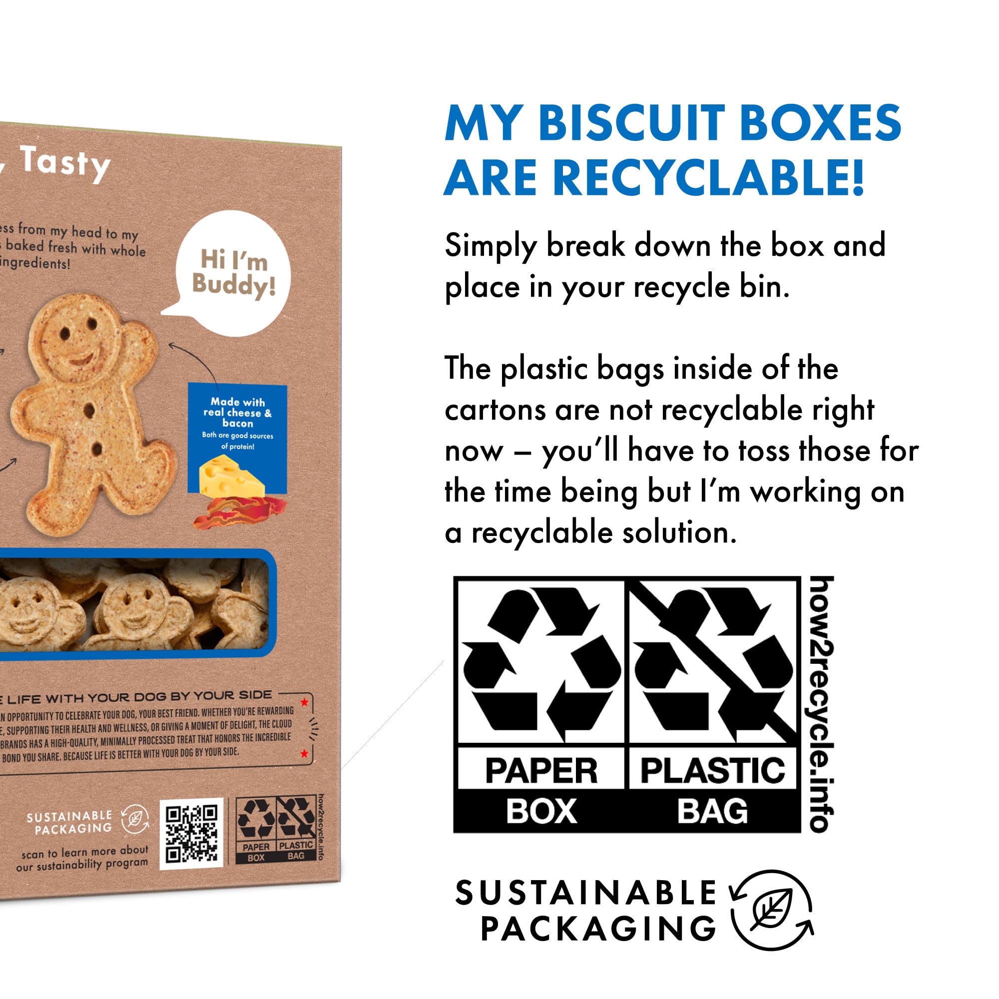 Emballage carton recyclable Buddy Biscuits facilite le recyclage après dégustation