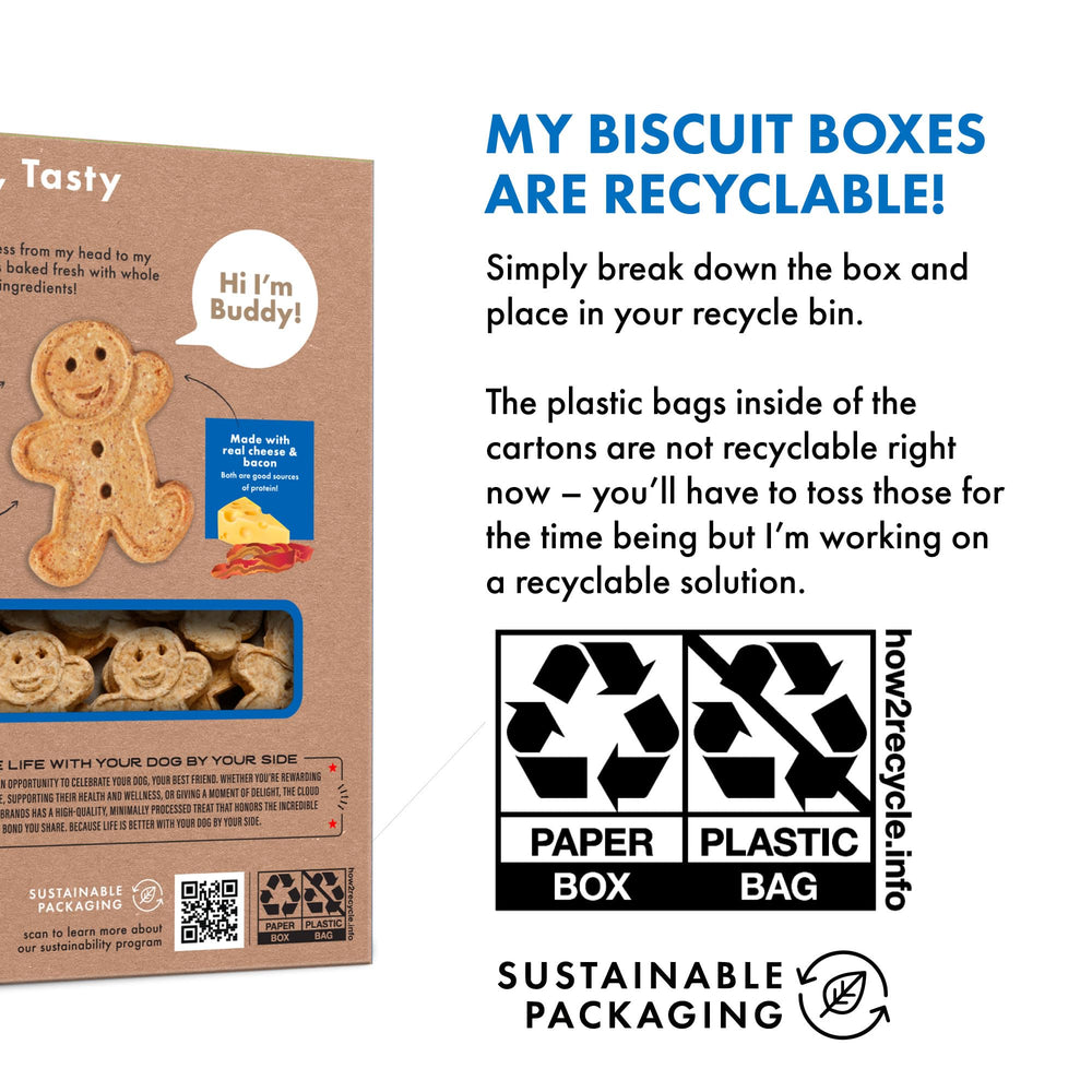 Emballage carton recyclable Buddy Biscuits facilite le recyclage après dégustation