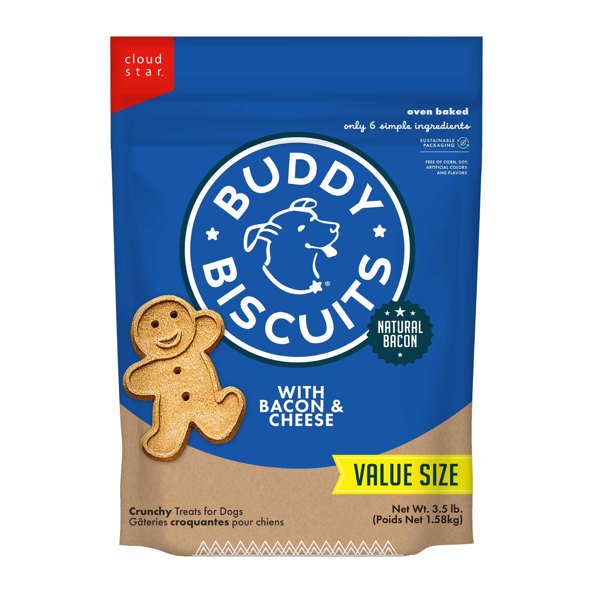 Buddy Biscuits : sac bacon et fromage, friandise croquante idéale pour récompenser votre chien.