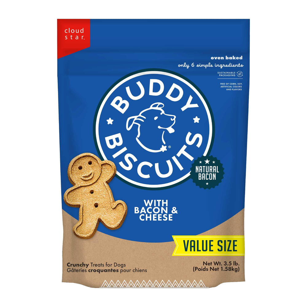 Buddy Biscuits : sac bacon et fromage, friandise croquante idéale pour récompenser votre chien.