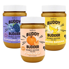 Buddy Budder pot de pâte de cacahuète pour chien, goût naturel et sûr.