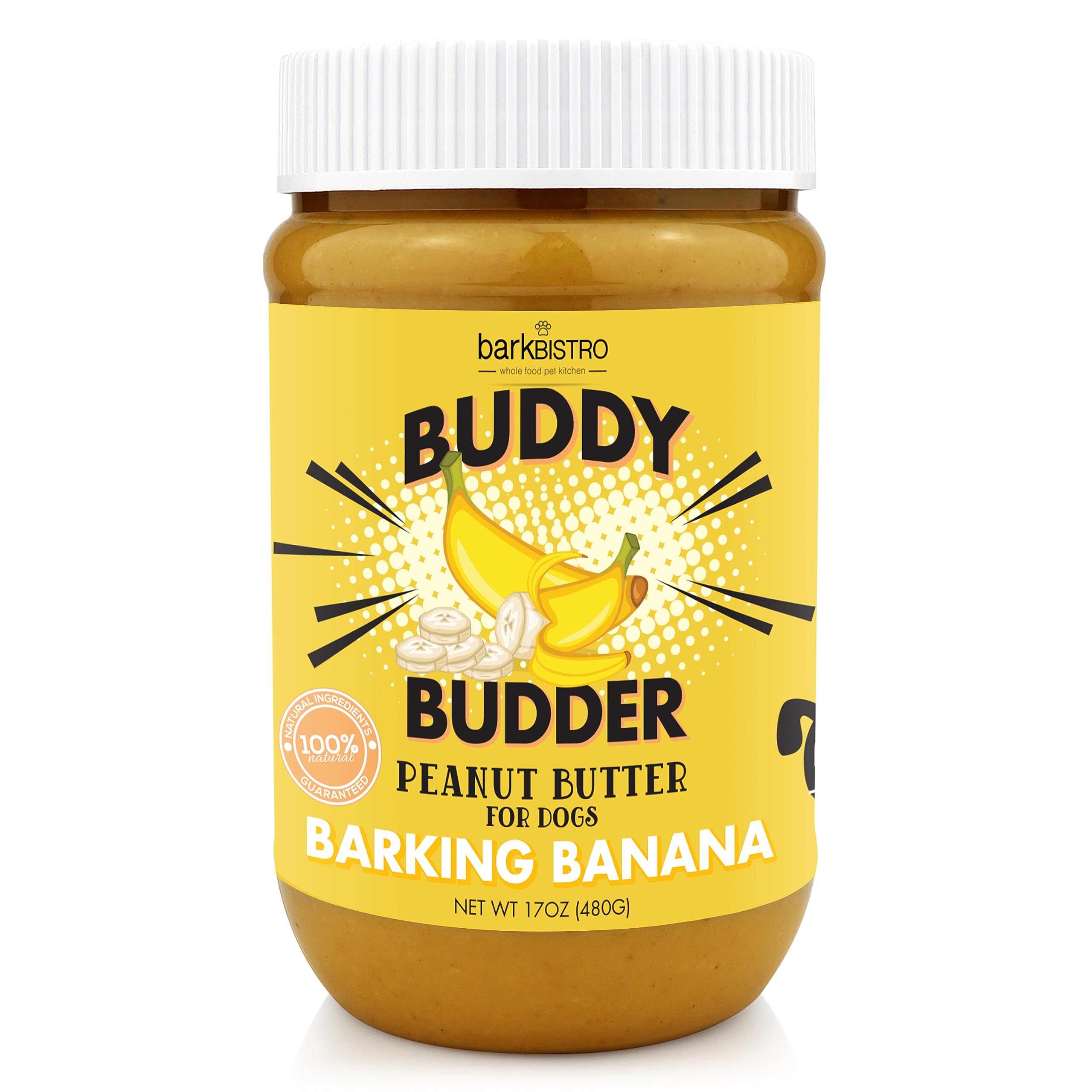 BUDDY BUDDER Barkin' Banana en pot 17oz, tartinable pour l’enrichissement des jouets.
