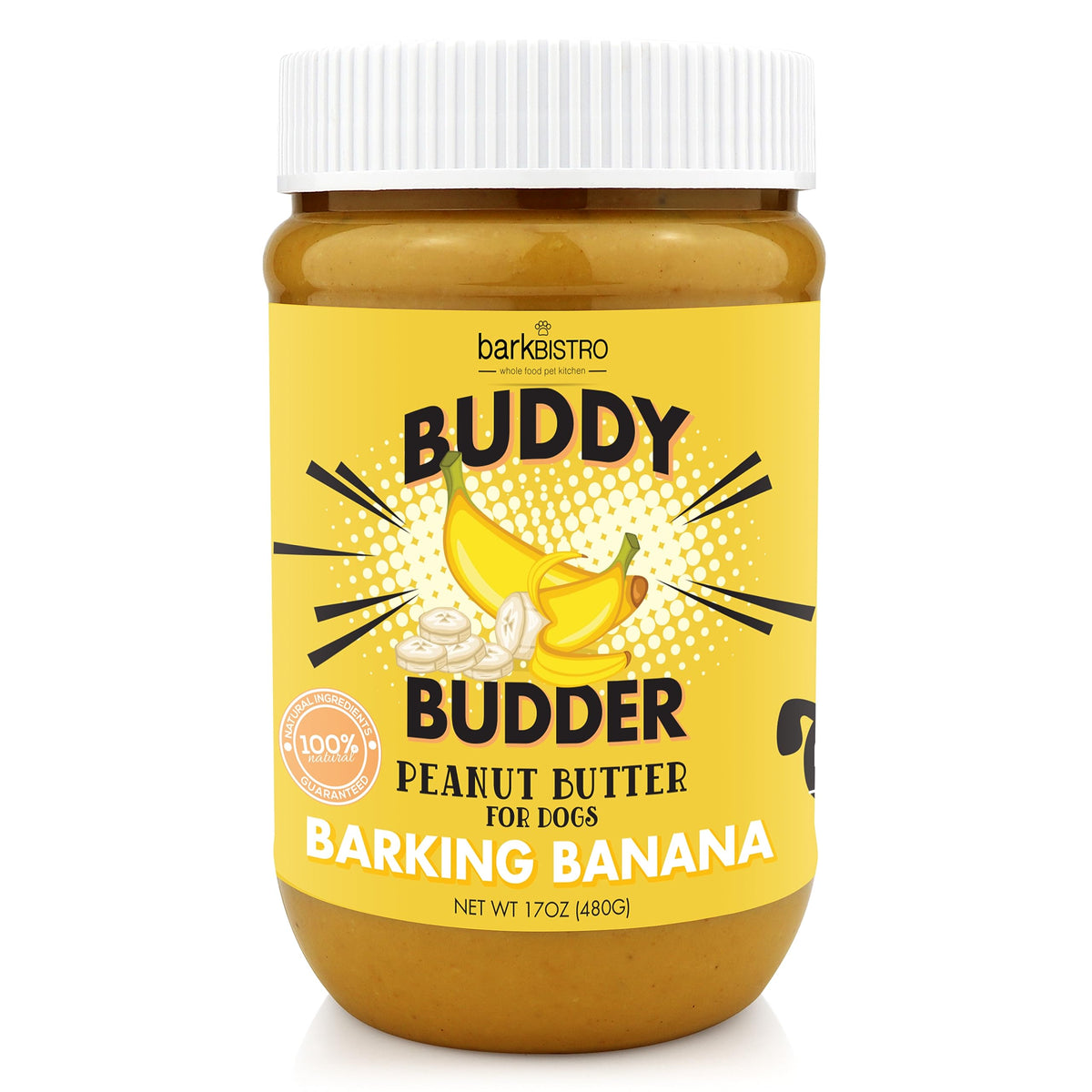 BUDDY BUDDER Barkin' Banana en pot 17oz, tartinable pour l’enrichissement des jouets.