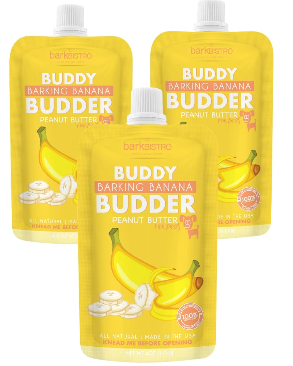 Buddy Budder Barkin Banana, sachets 4oz prêts à l’emploi pour récompenser votre chien.