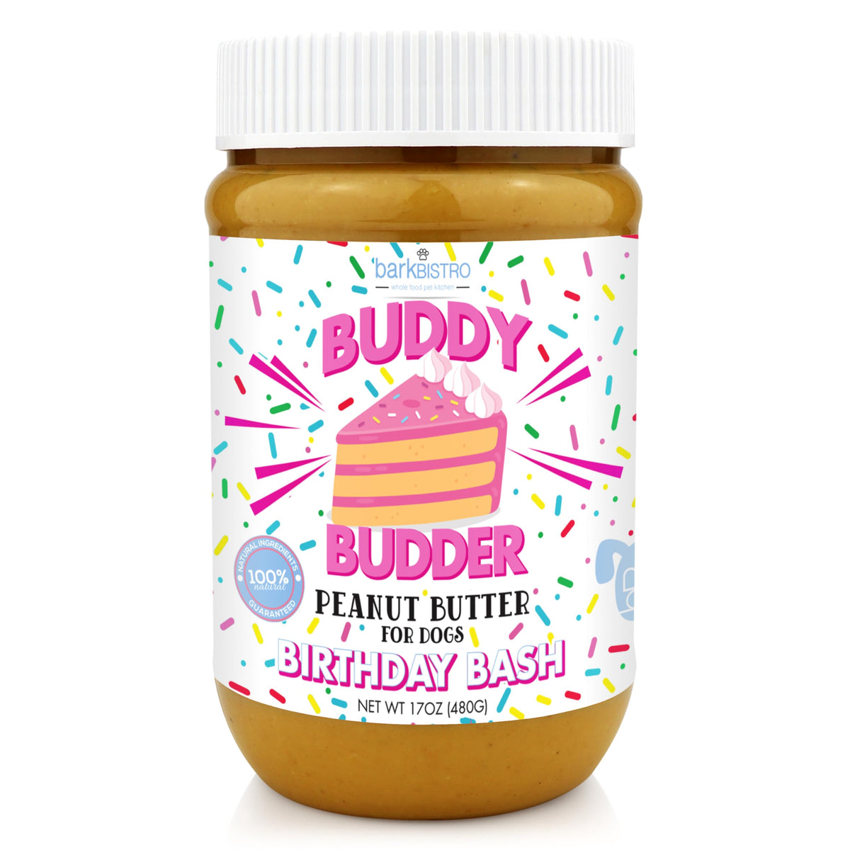 Pot de pâte d'arachide Buddy Budder Birthday Bash prêt à partager avec votre chien.