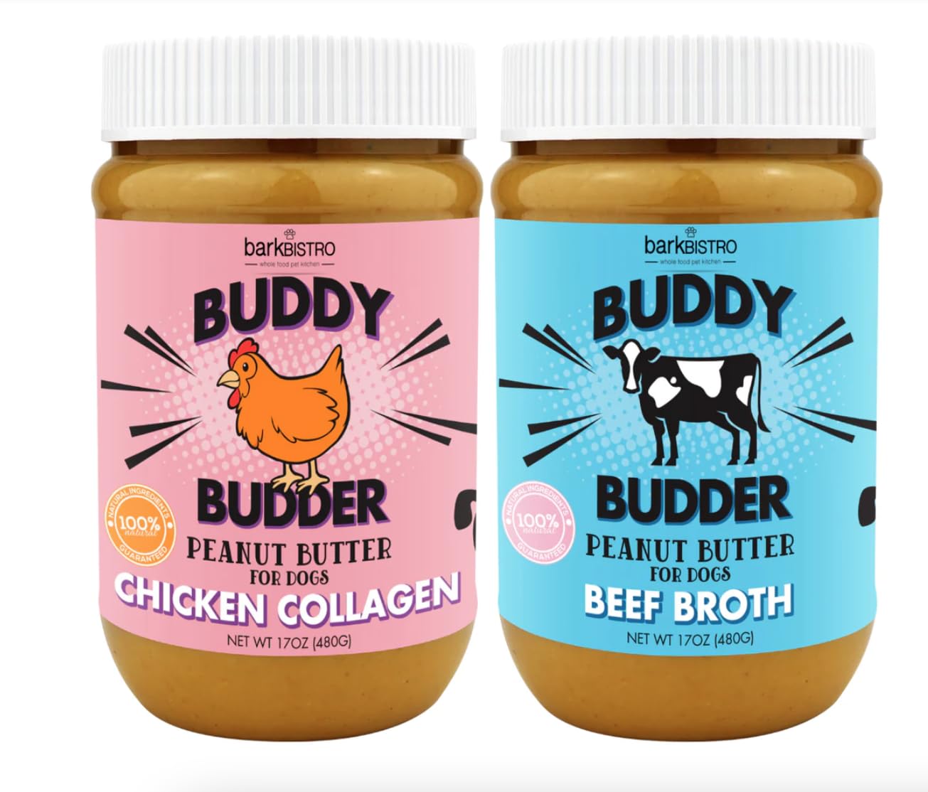 BUDDY BUDDER bocal 17oz avec bouillon de bœuf et beurre d'arachide naturel.