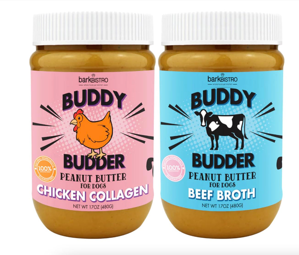 BUDDY BUDDER bocal 17oz avec bouillon de bœuf et beurre d'arachide naturel.