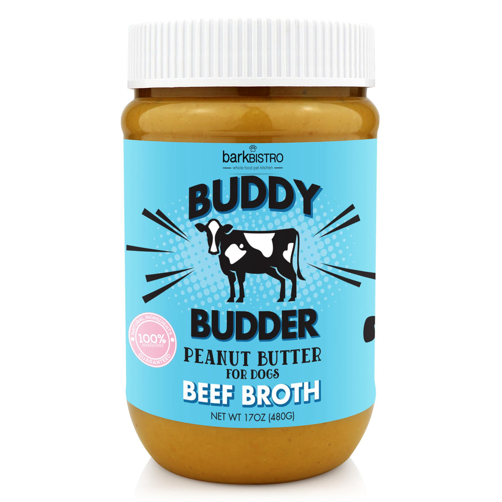 Pâte de cacahuète BUDDY BUDDER pour chien, friandise naturelle et sûre.