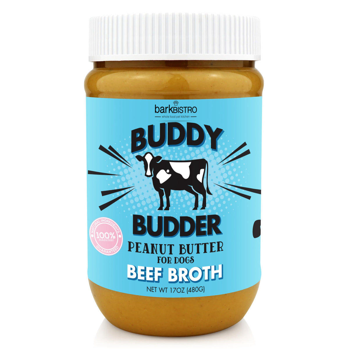 Pâte de cacahuète BUDDY BUDDER pour chien, friandise naturelle et sûre.