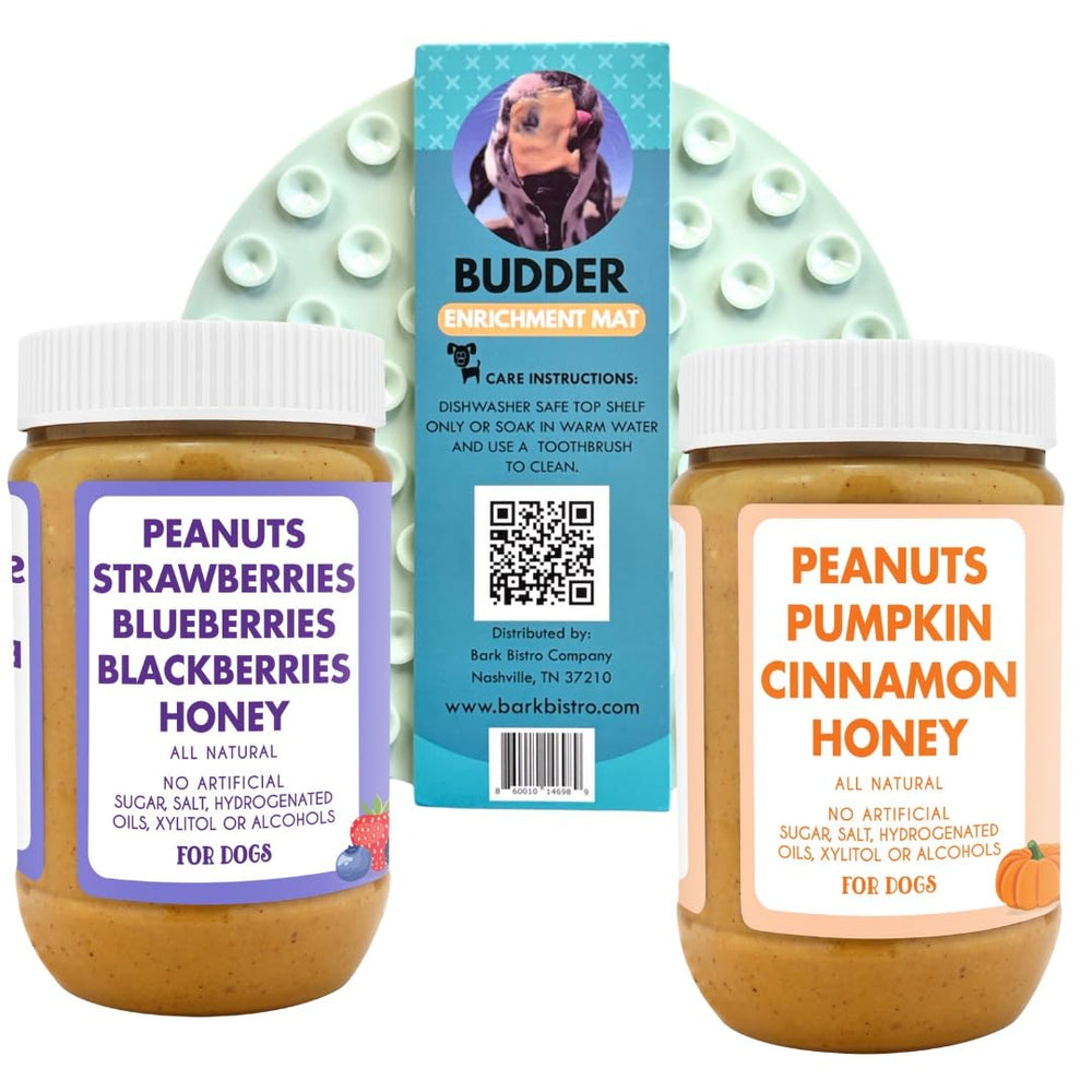 Buddy Budder Pumpkin Pup Lickmat bleu: support d'enrichissement et récompense.
