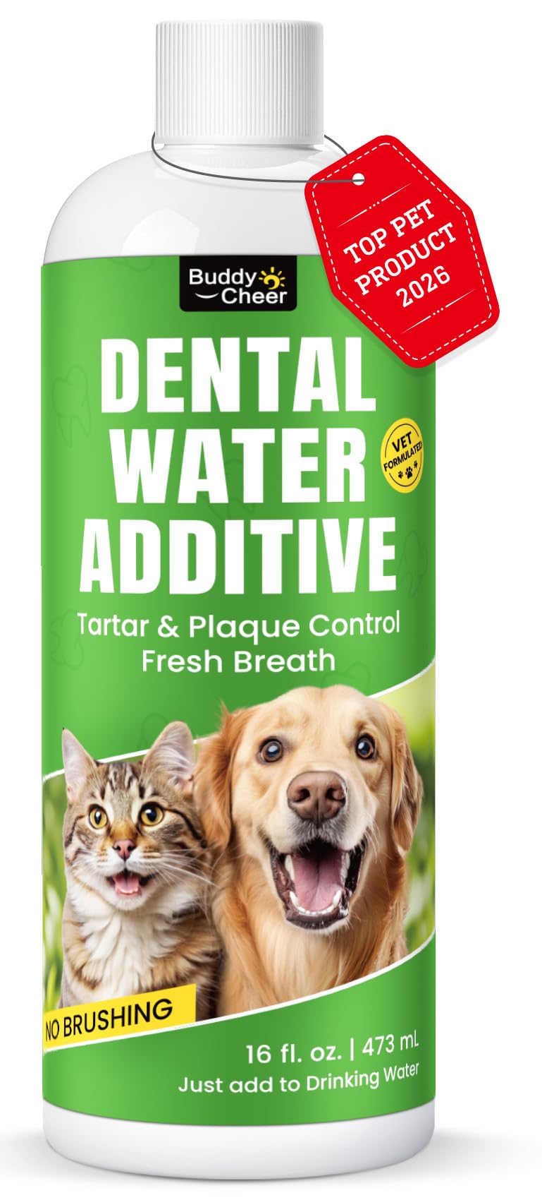 BuddyCheer eau dentaire enzymatique pour chien en bouteille, haleine plus fraîche durablement.