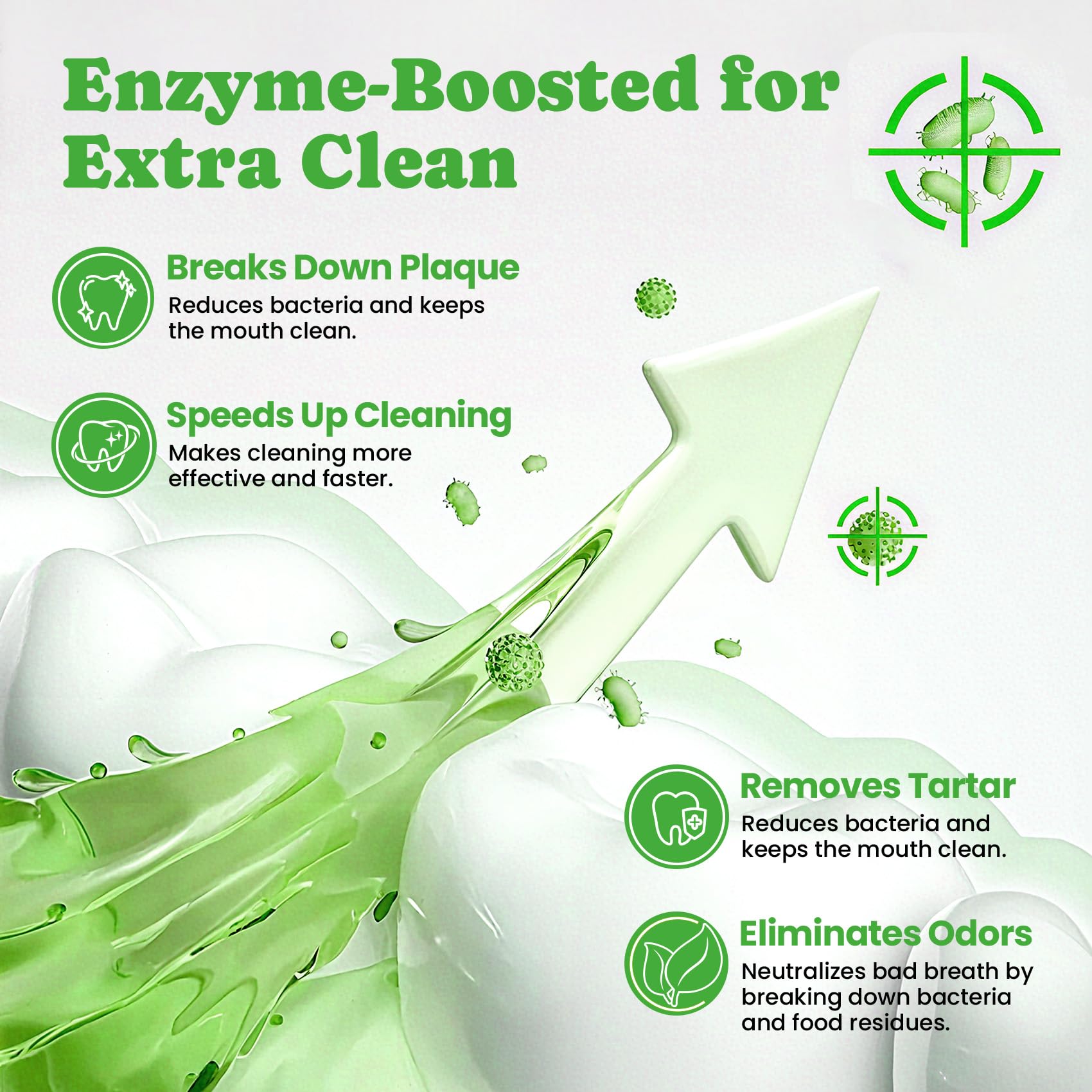 Enzymes réduisant plaque et tartre au fil du temps chez le chien.