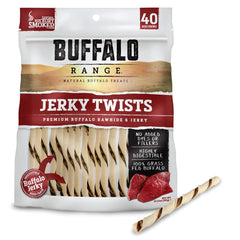 Buffalo Range torsades jerky boeuf nourri à l’herbe, friandise naturelle pour chiens actifs.