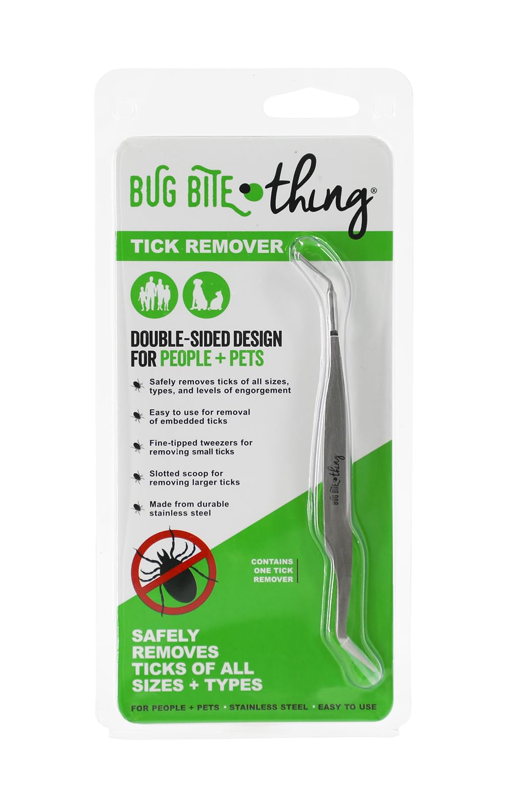 BUG BITE THING montre l'outil retirant une tique en main