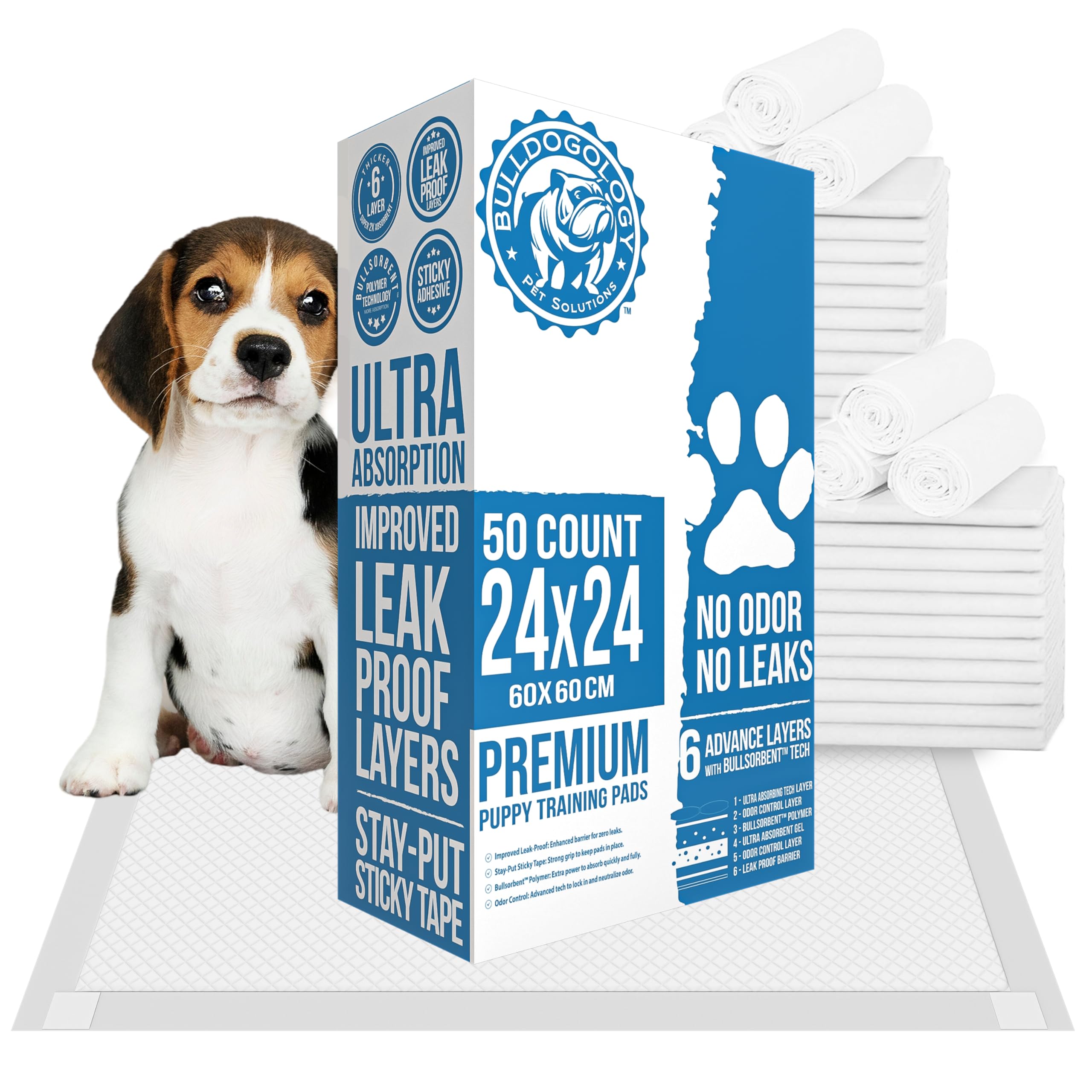 Bulldogology pads grand format 24x24, absorption rapide pour sols propres.