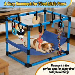 Bullro aire de jeux chiots bleu: 8 jouets suspendus pour stimuler instinct et curiosité.