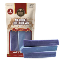 Bully Bunches Yak Chew Myrtille Pack3 en emballage, friandise durable pour chien.