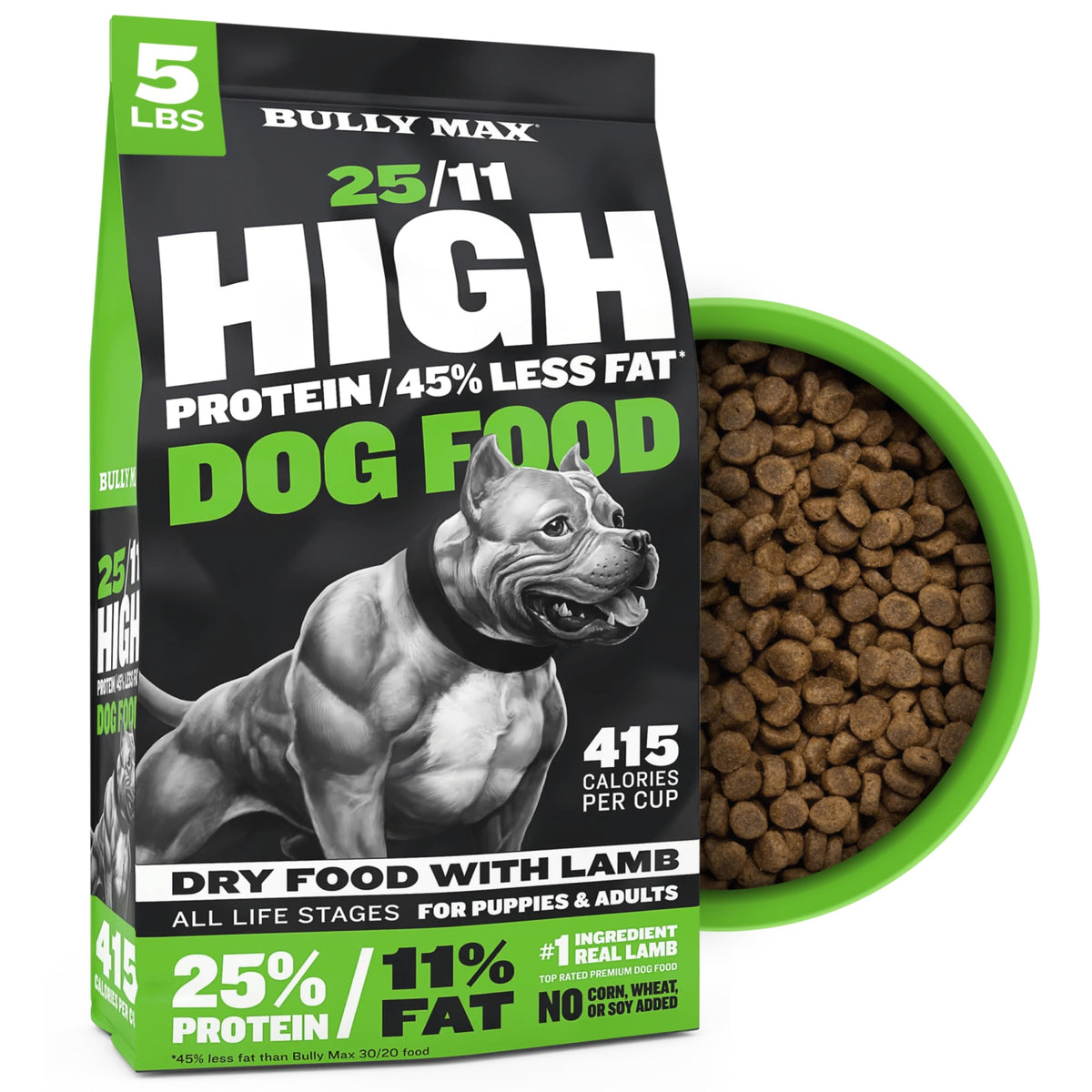 Bully Max 25/11 – sac croquettes 5 lb, emballage clair pour chien actif.