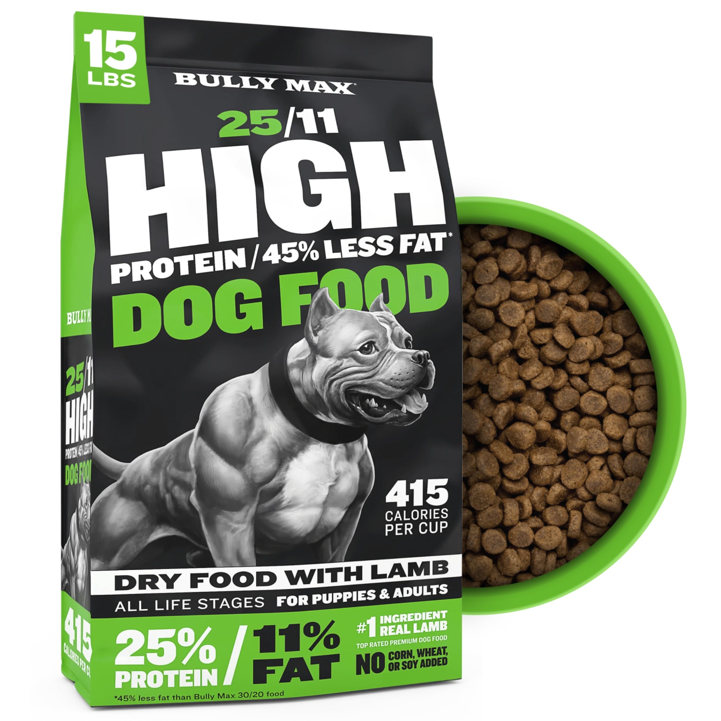 Bully Max croquettes agneau 25/11 en gros plan, favorisent la masse musculaire et le poids sain.