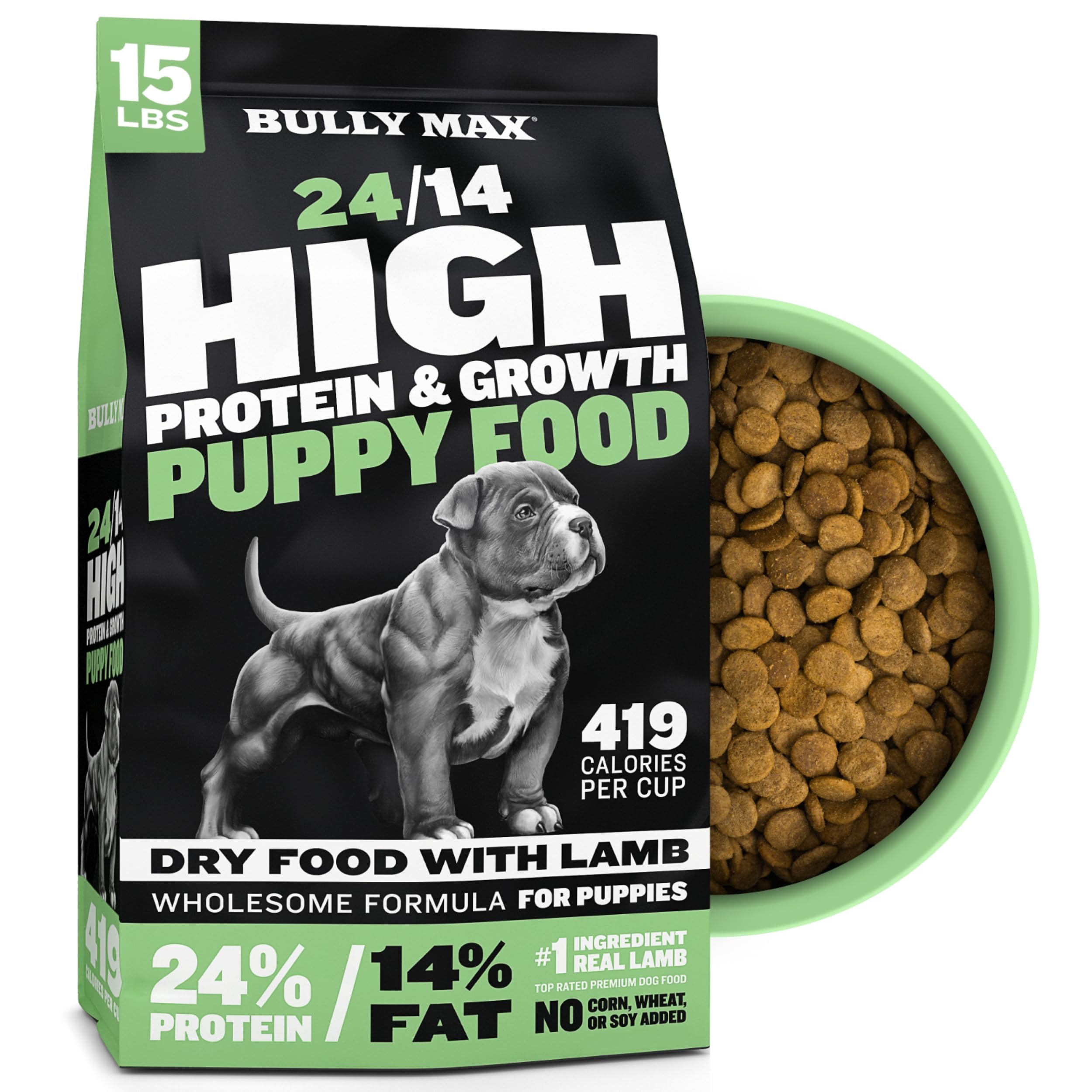 Bully Max croquettes chiots agneau et riz 15lb, énergie durable pour la croissance.