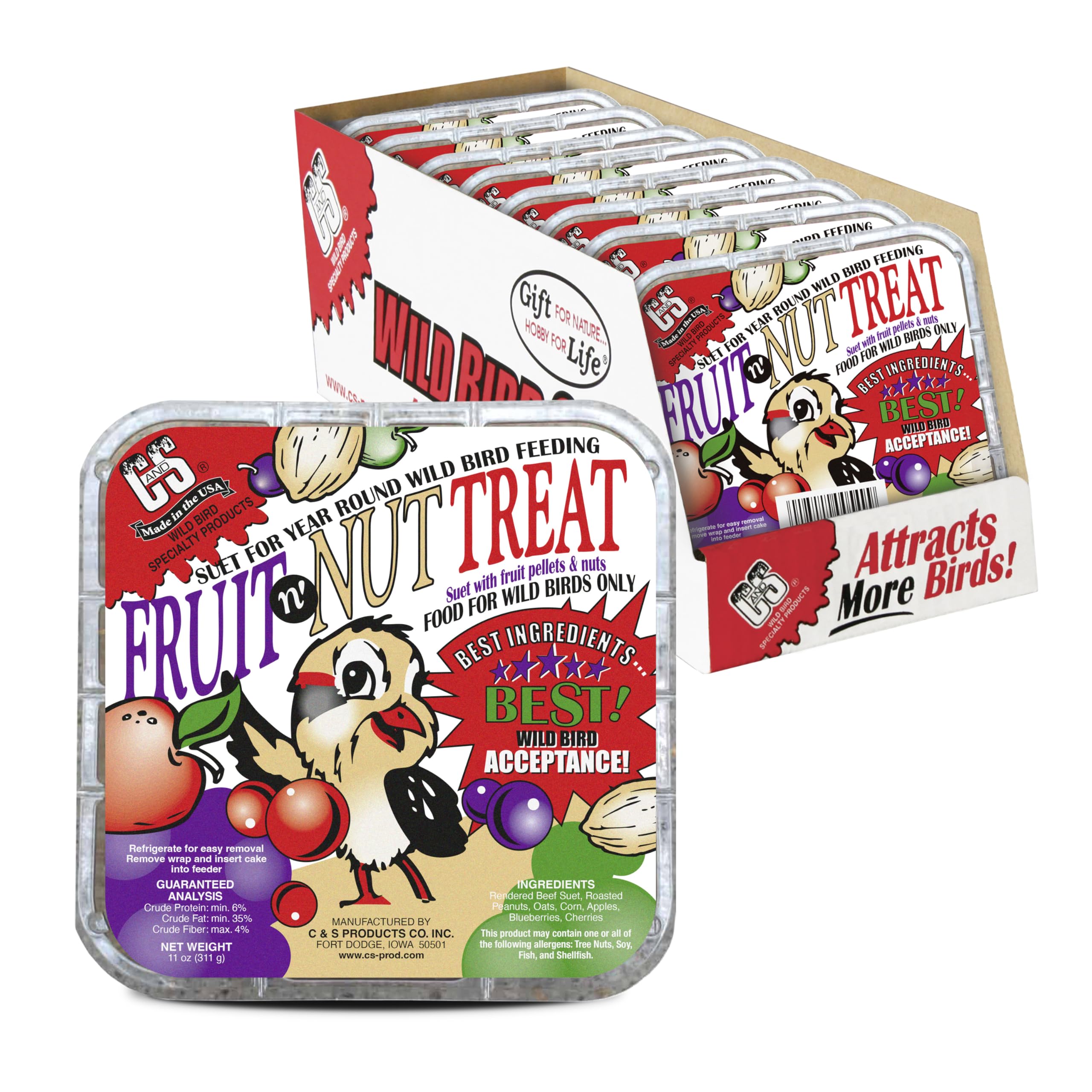 C&S Fruit n’ Nut Suet Treat emballage clair et prêt à accrocher au nid