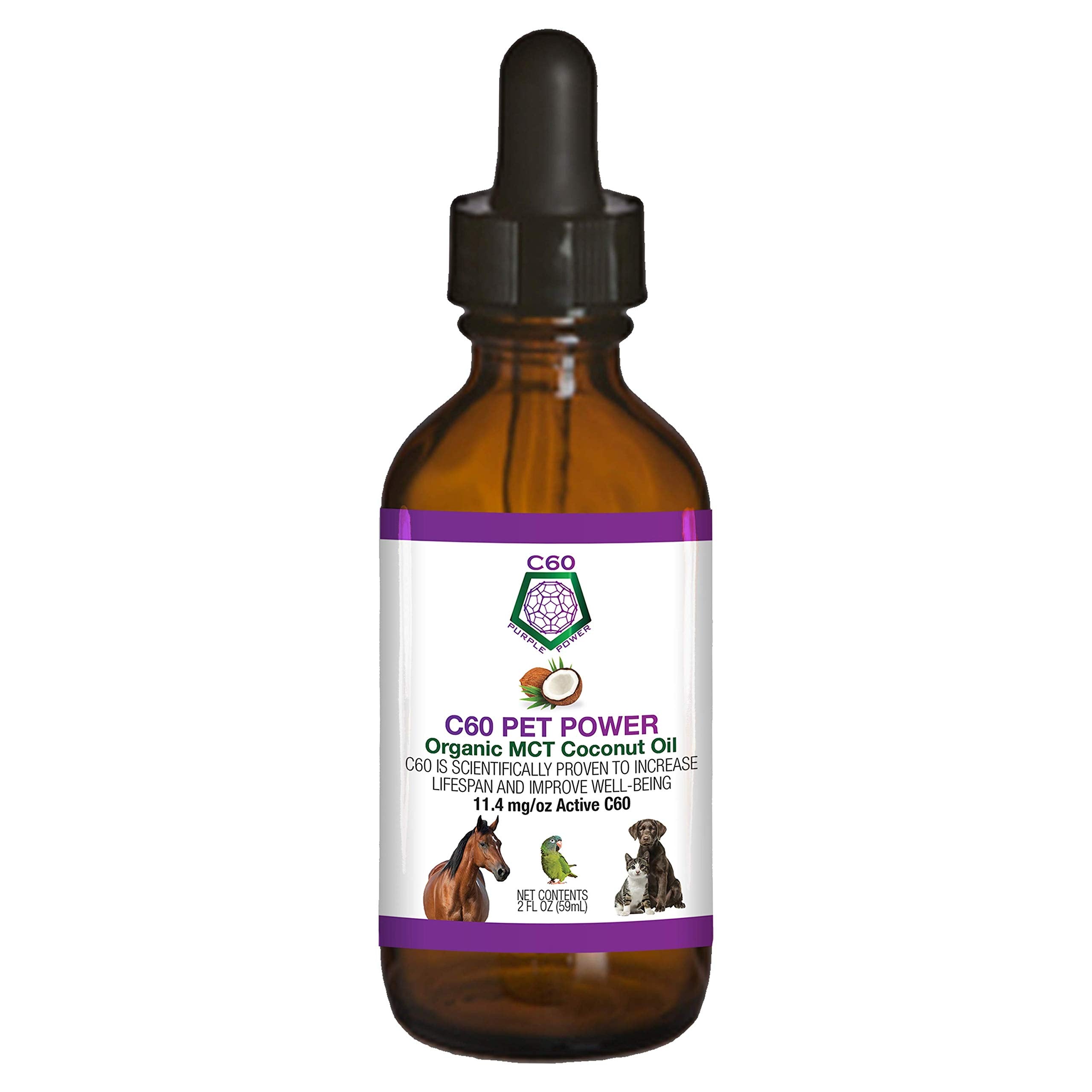 C60 Power pour Animaux — flacon montrant le produit et le potentiel soutien au bien-être.