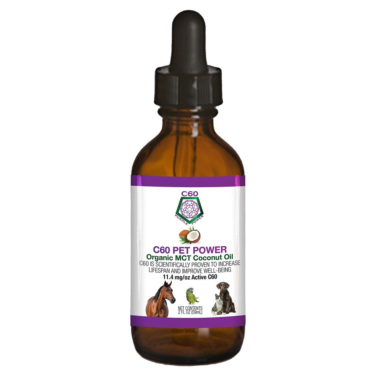 C60 Power pour Animaux — flacon montrant le produit et le potentiel soutien au bien-être.