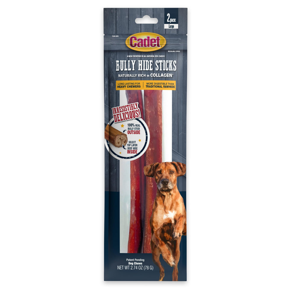 Cadet bâtons peau de boeuf pour grands chiens, gros plan sur texture dense favorisant la mastication.