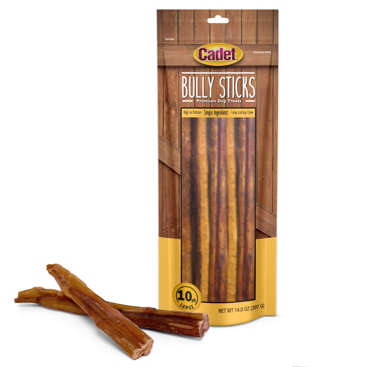 Cadet Bully Sticks pour chien grand, récompense longue durée lors du mâchage.