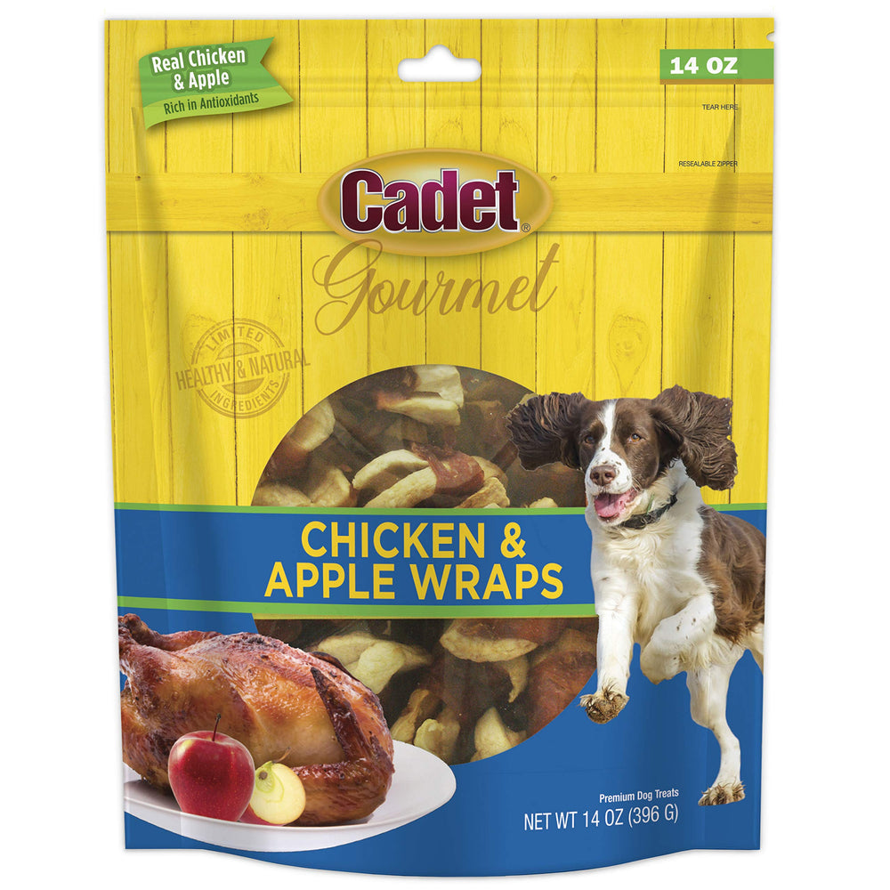 Cadet enrobés Poulet-Pomme : ingrédients naturels visibles et saveur appétissante.