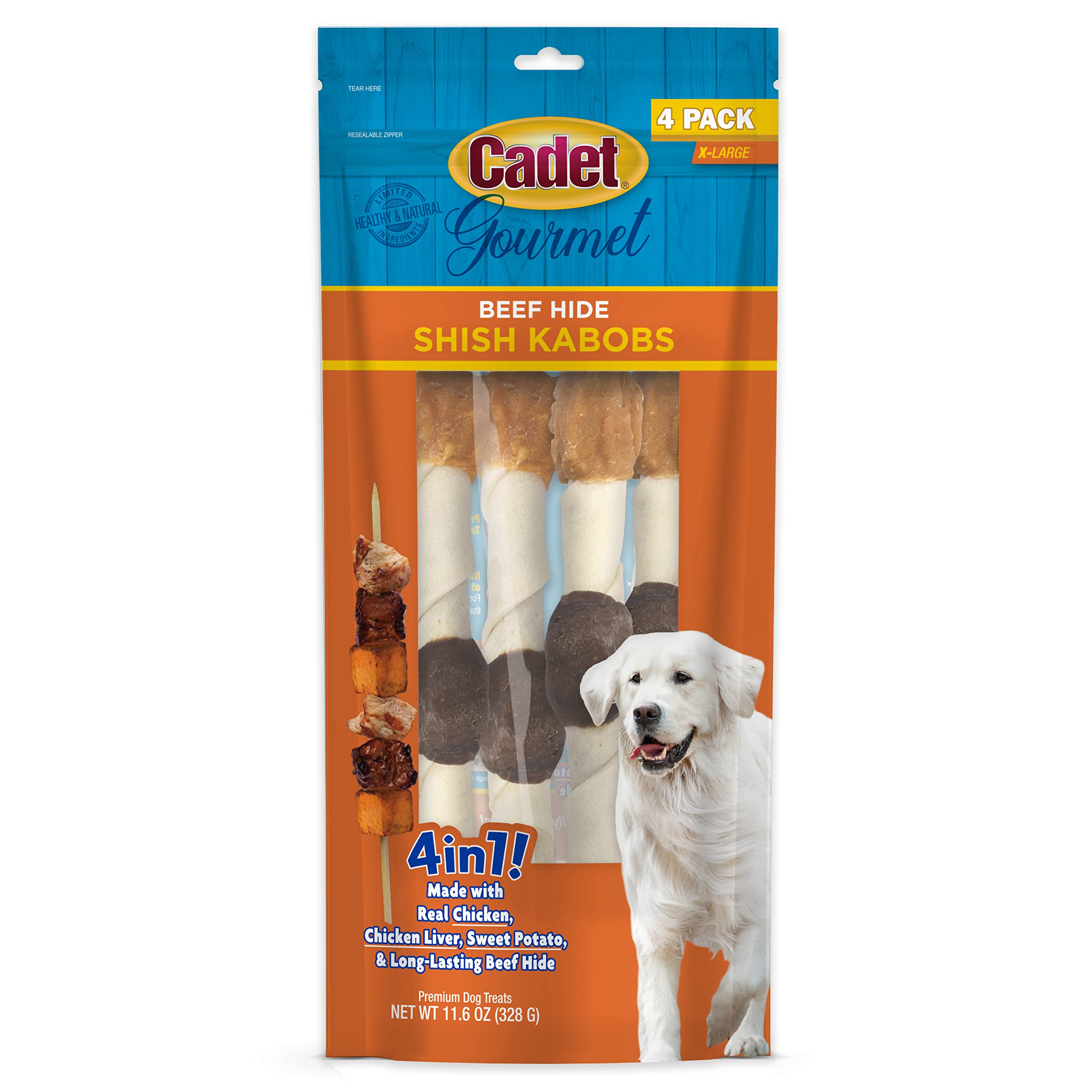 Cadet Gourmet – brochette peau-boeuf poulet, récompense savoureuse et soutien à l'hygiène dentaire.