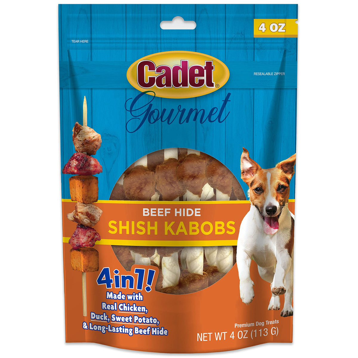 Friandise Cadet Gourmet, brochettes peau de boeuf, texture résistante pour mastication longue.