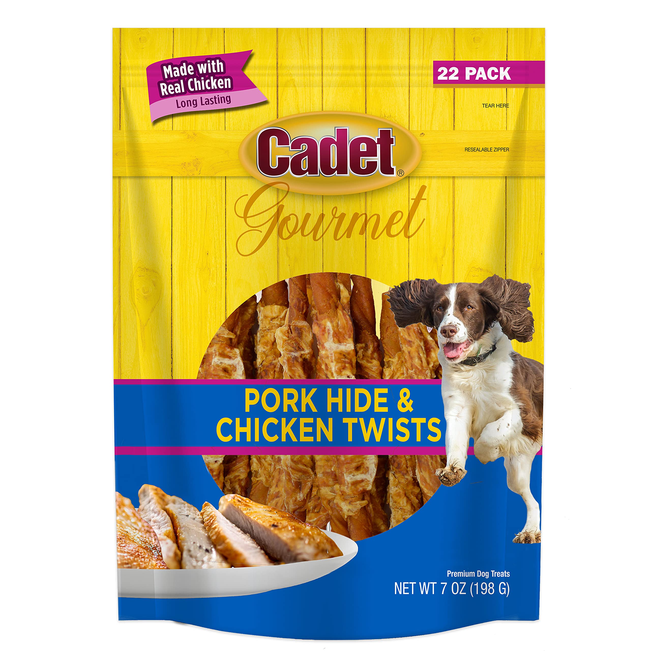 Cadet Gourmet emballage: twist au poulet pour chiens, prêt à déguster.